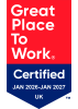 A badge with a red and blue background reads: Great Place To Work Certified JAN 2026–JAN 2027 UK.